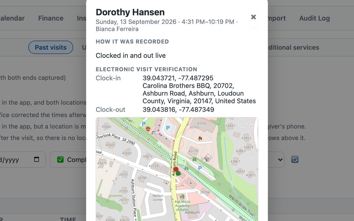 EVV detail with map and billing