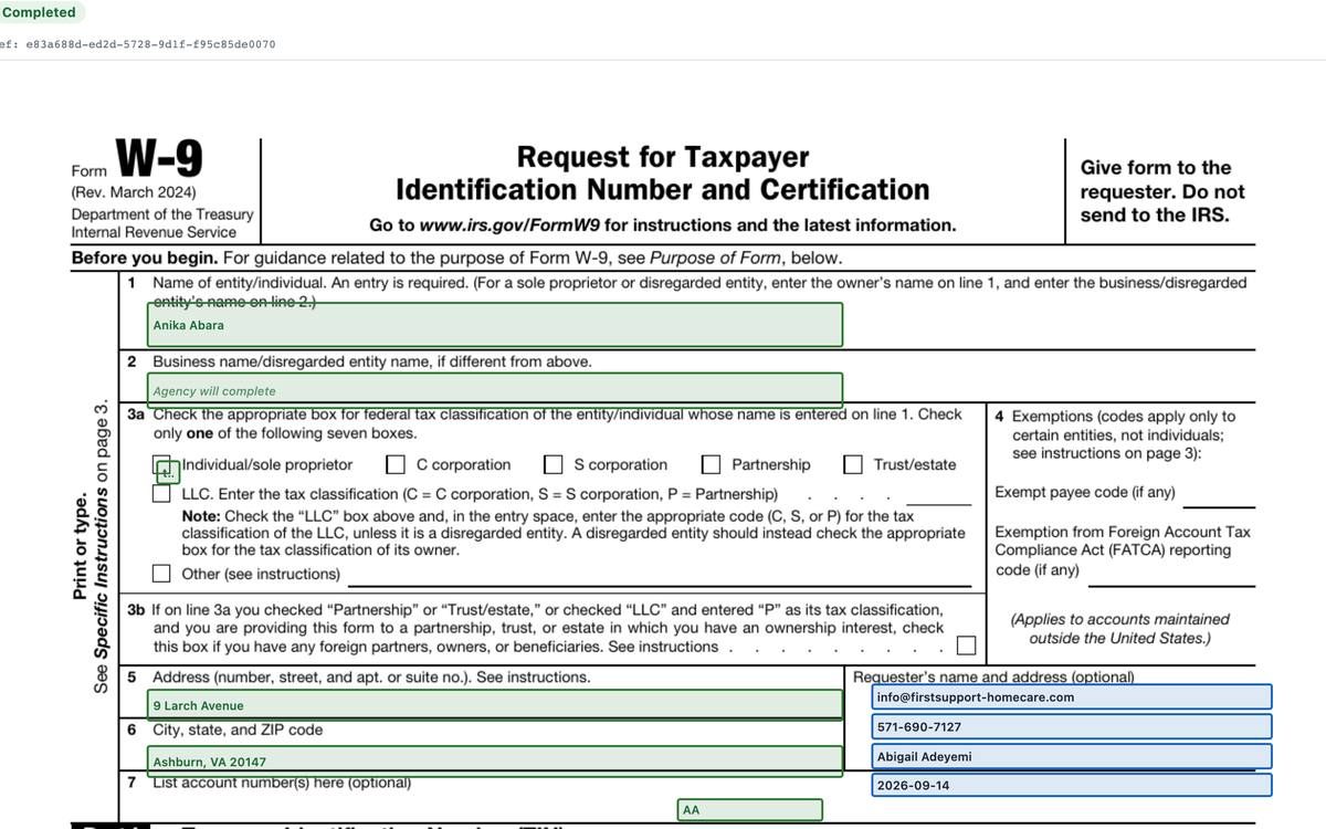 Pre-filled W-9 with e-signature